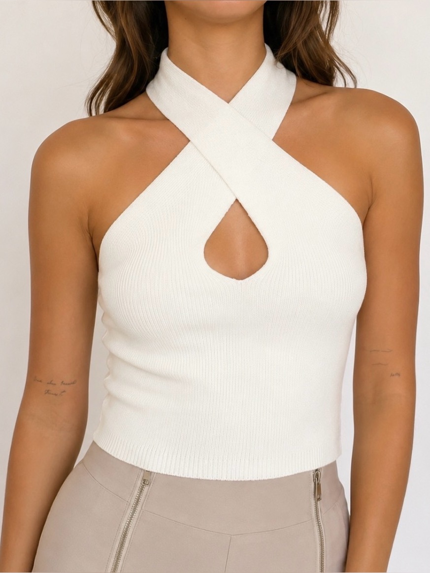 White Front Twist Key Hole Knit Top